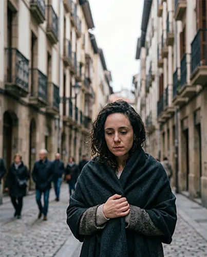 Mujer pensativa en una calle de Bilbao reflejando los distintos tipos de trastornos de ansiedad